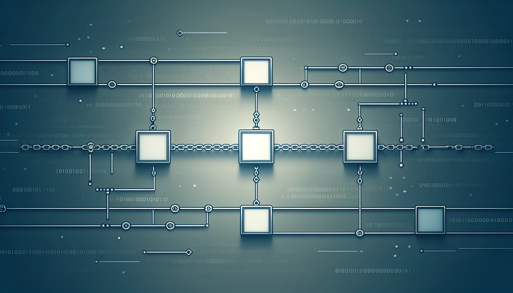 A minimalistic image depicting blockchain technology, featuring a series of interconnected blocks with digital transaction symbols, set against a background of faint binary code in muted blues and greys, symbolizing a secure, digital ledger.