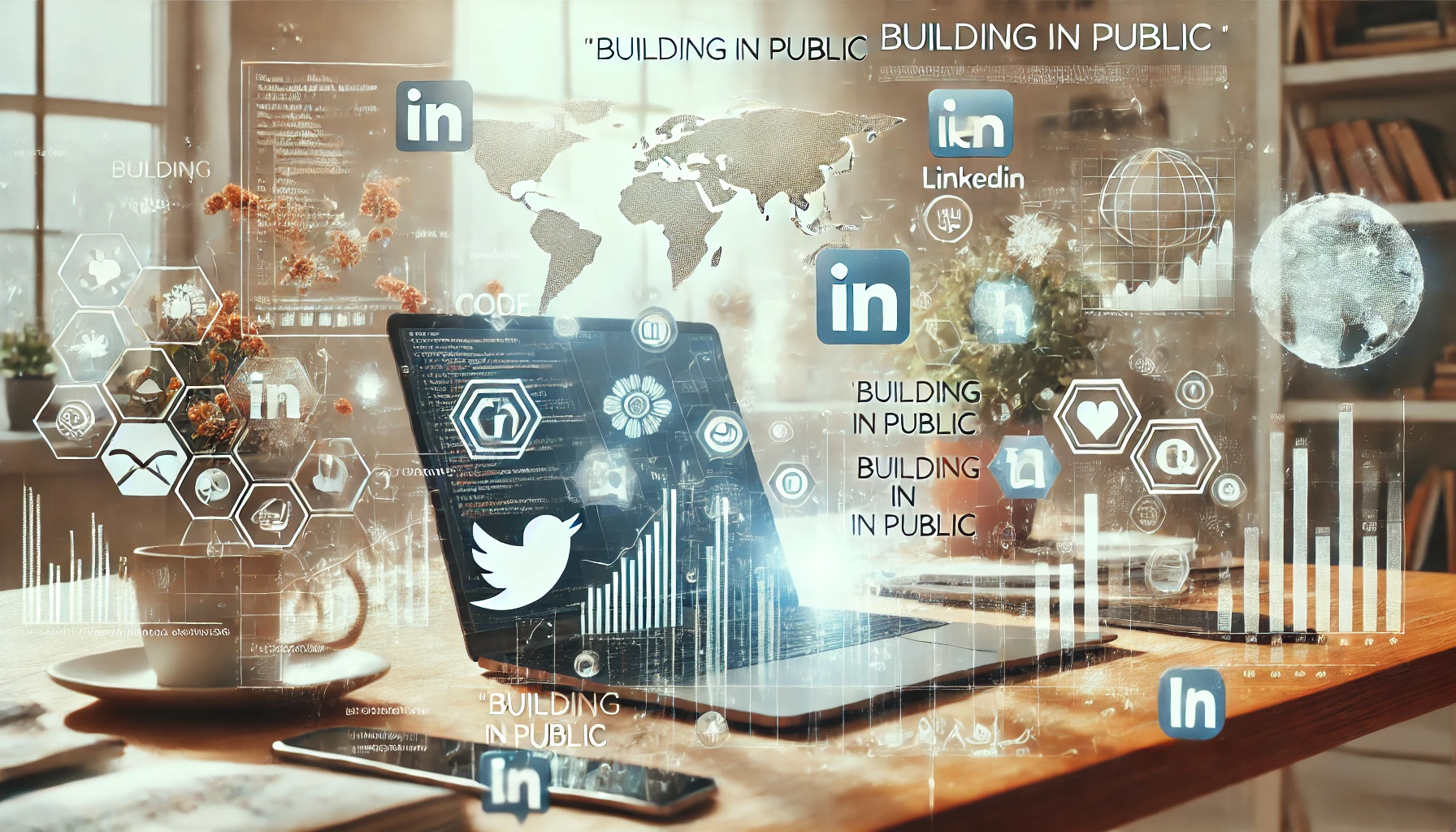 Inspirational image of an individual standing on a mountain peak, facing a beautiful sunrise, symbolizing the journey of building in public