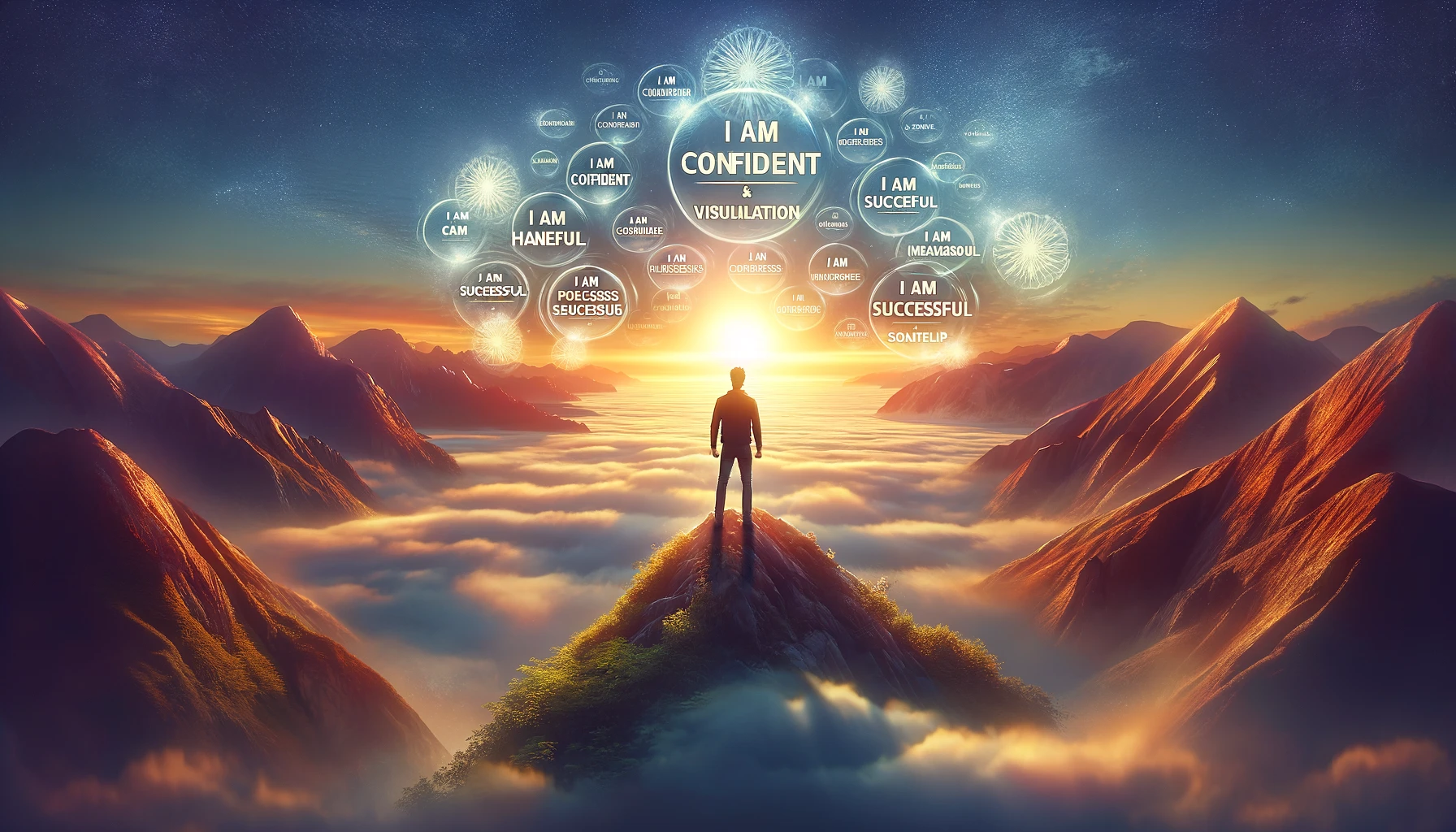 Inspirational image of an individual standing on a mountain peak, facing a beautiful sunrise, with phrases like 'I am confident', 'I am successful', and 'I am unstoppable' floating around them, symbolizing the power of affirmations and visualizations.